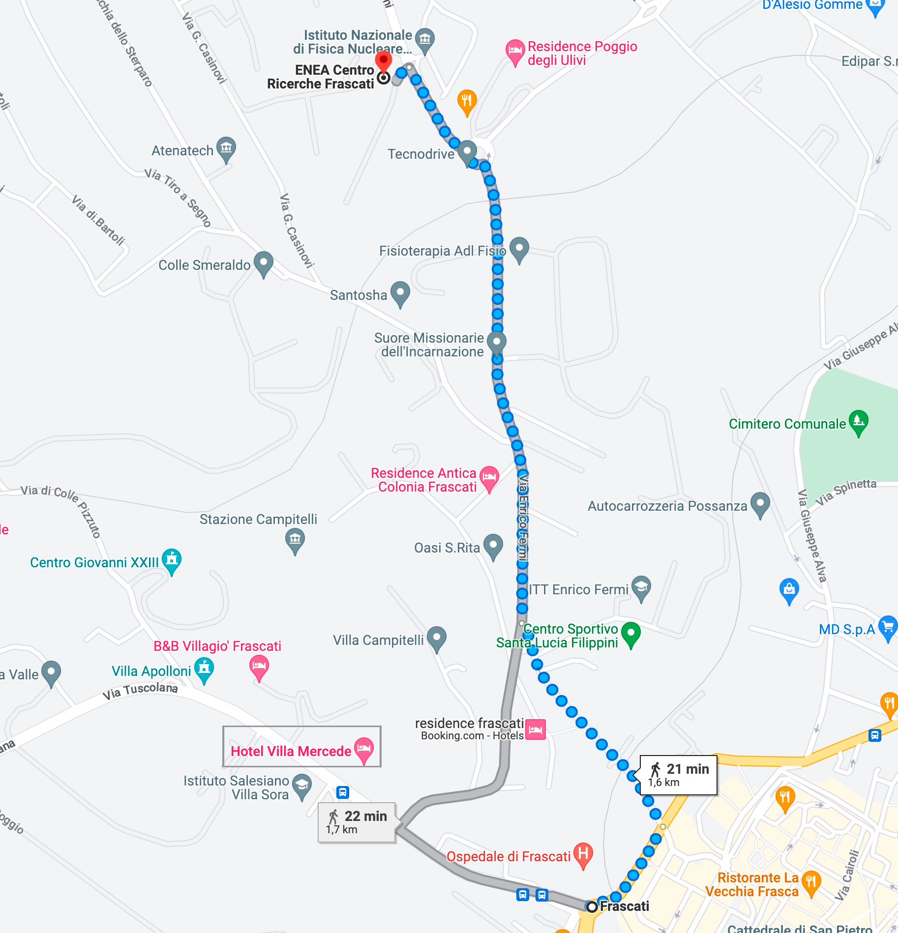 itinerary from Frascati to the ENEA Frascati research center