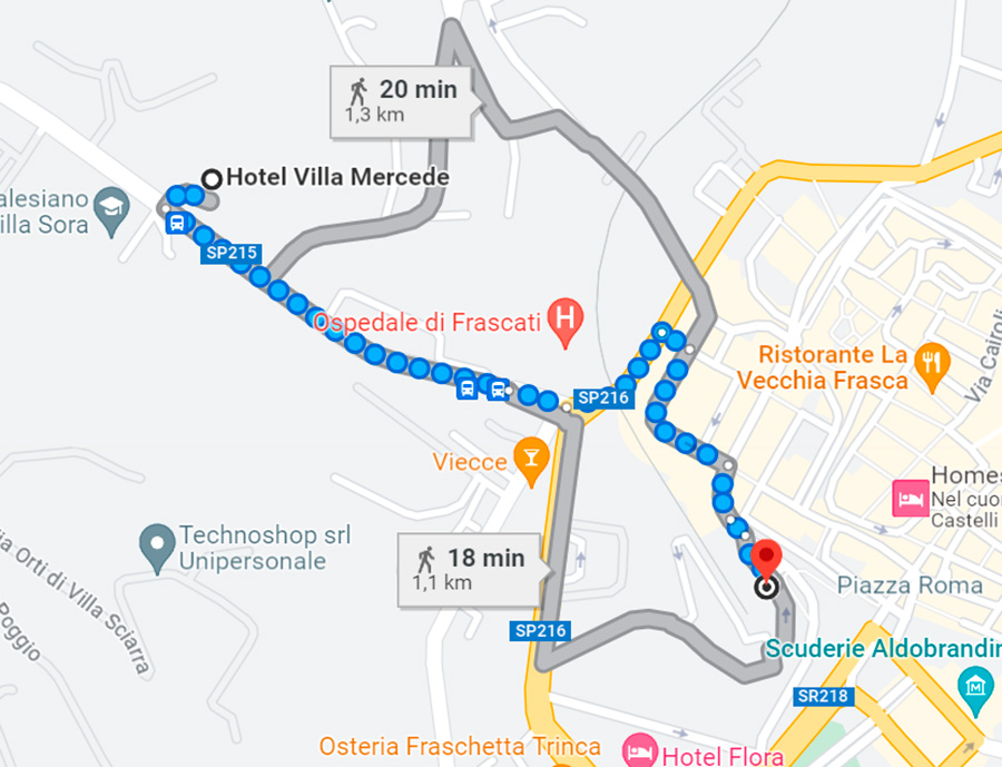 itinerary from Hotel Villa Mercede - Train Station Frascati